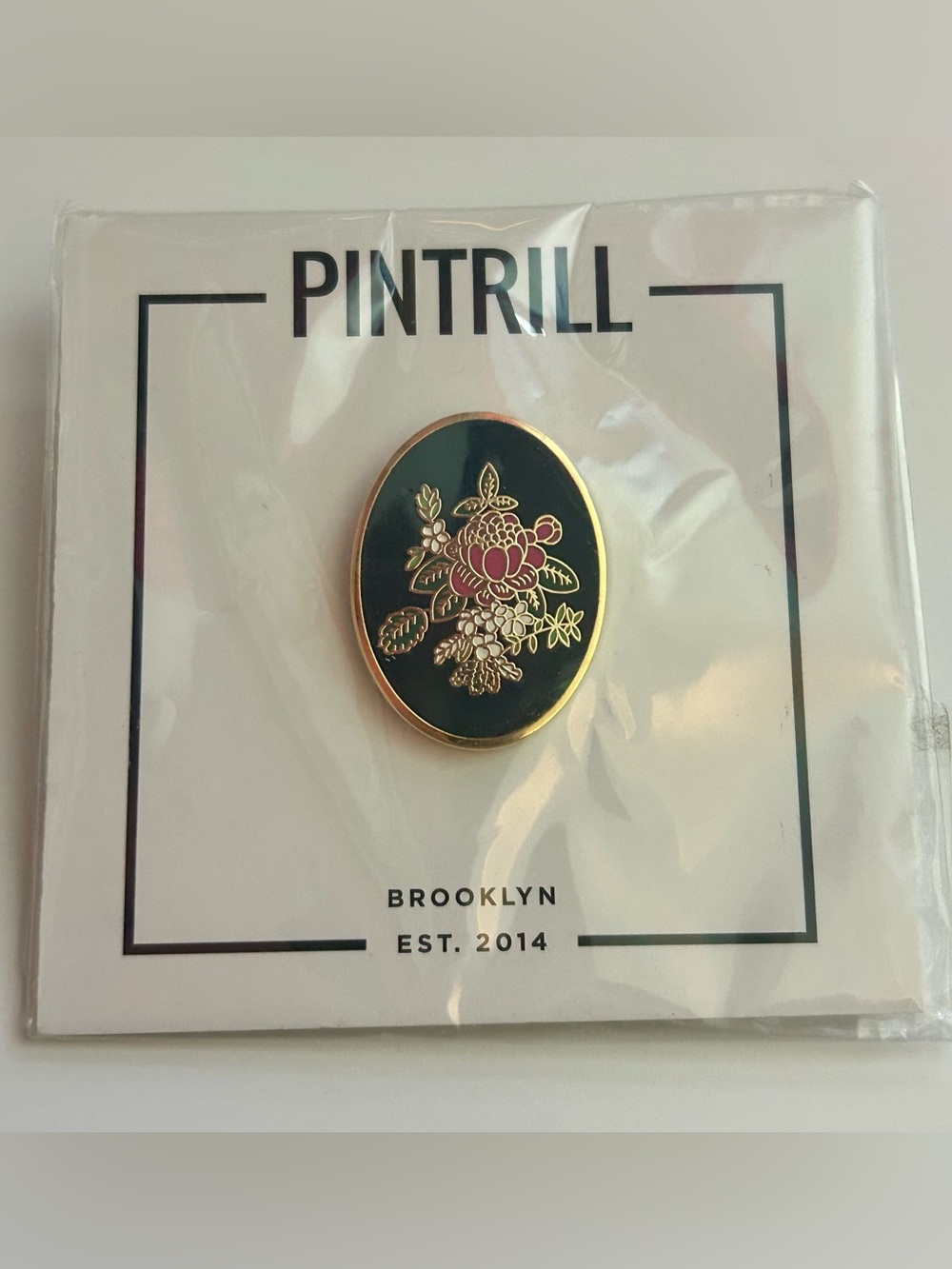 Pintrill Floral Oval Enamel Pin — Black & Gold NIB